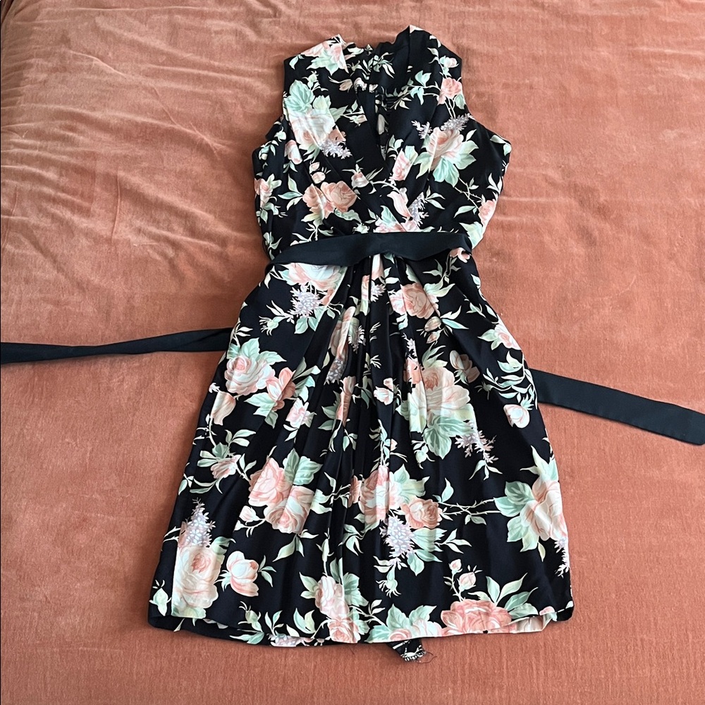 Hearts Brand 80s Floral Secretary Vintage Dress Navy Blu Sleeveless